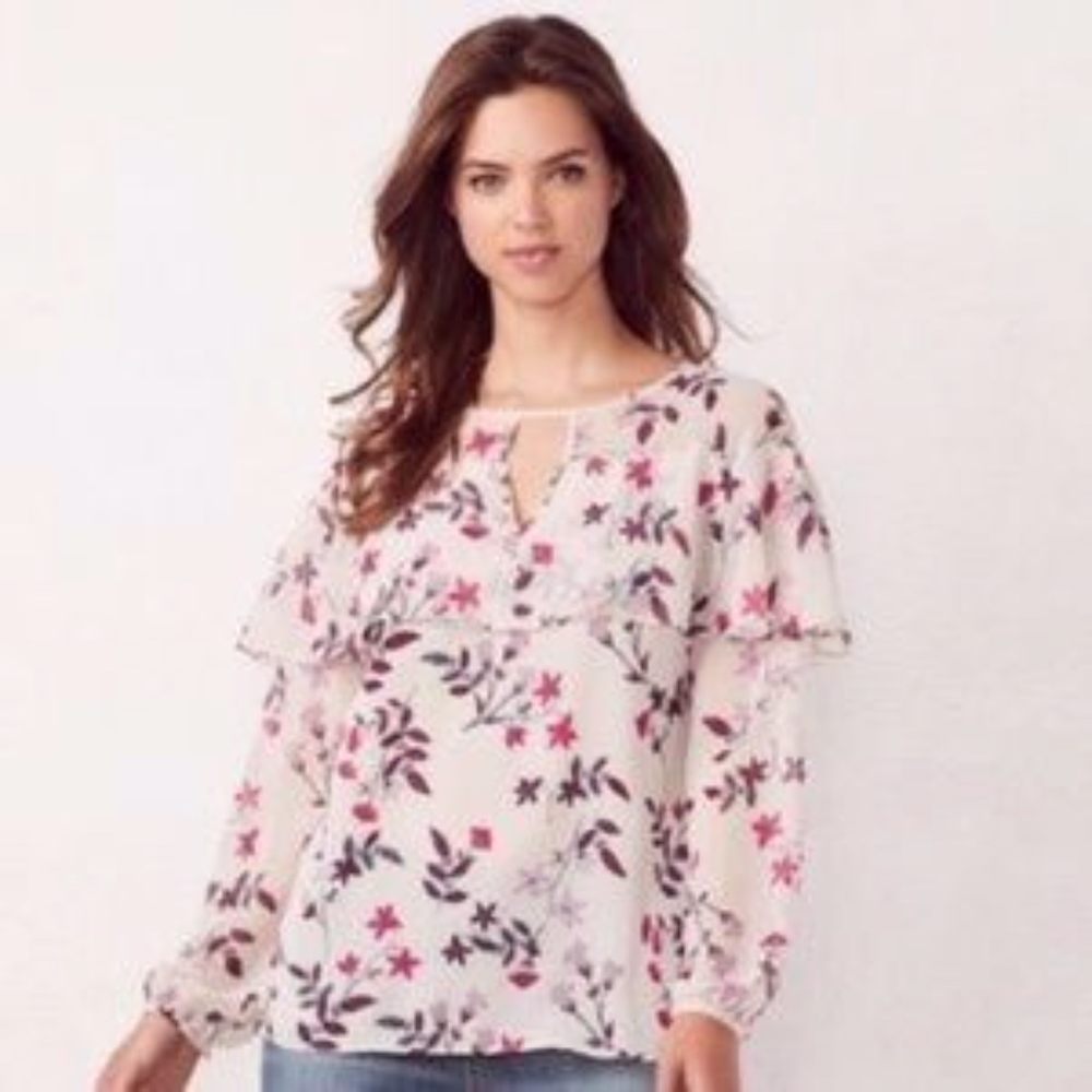 LC LAUREN CONRAD Top Blouse Floral Boho Peasant Long Sleeves Pink - Picture 3 of 7